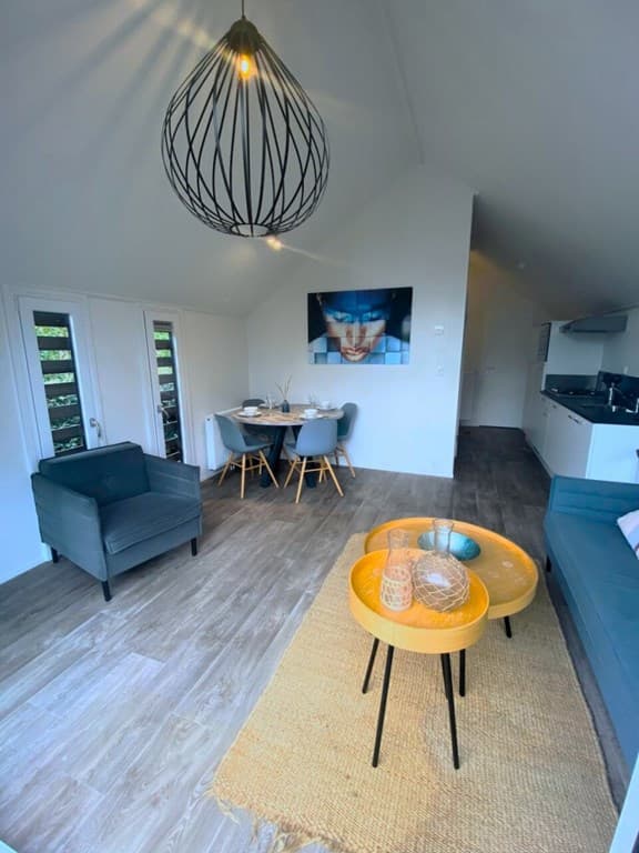 Moderne woonkamer met een zithoek, eettafel en open keuken, groot kunstwerk aan de muur, sfeerlicht aan het plafond
