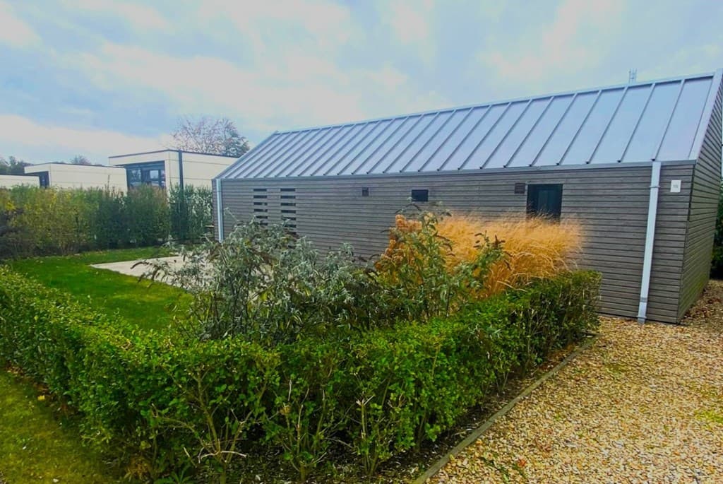 Moderne woning met een grasveld en een haag, grindpad en omliggende bomen en struiken