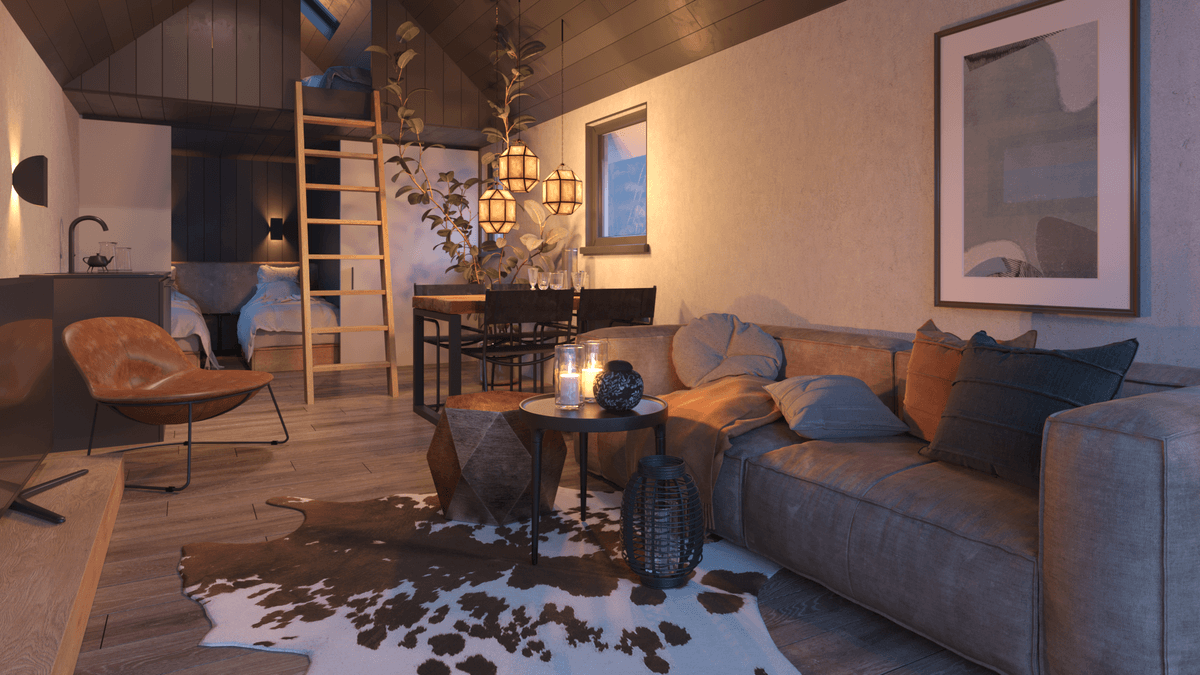 Woonkamer met bank, eettafel en ladder naar slaapkamer, sfeervolle verlichting en decoratieve accessoires.