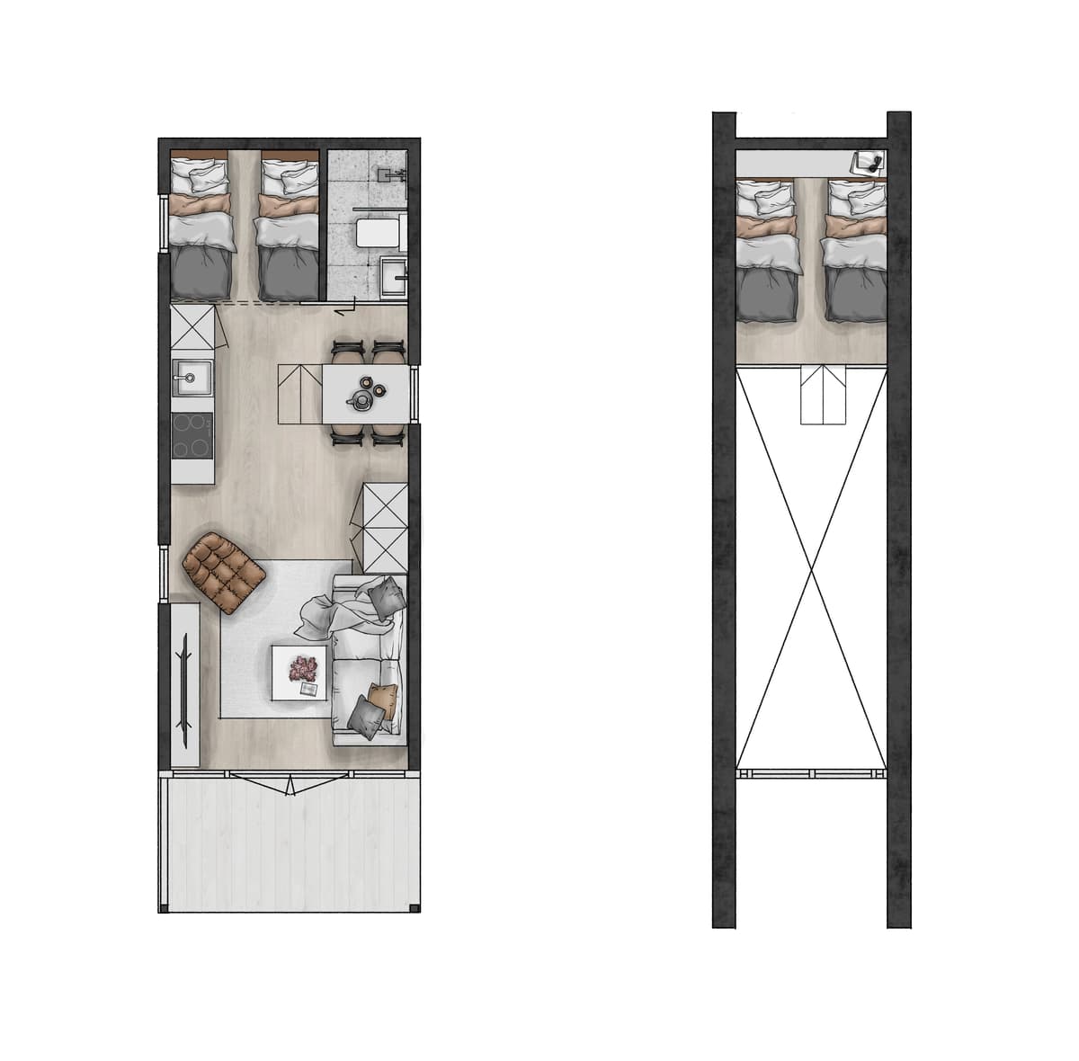 Plattegrond van een woning met een indeling van slaapkamers, woonkamer, keuken en badkamer met moderne inrichting