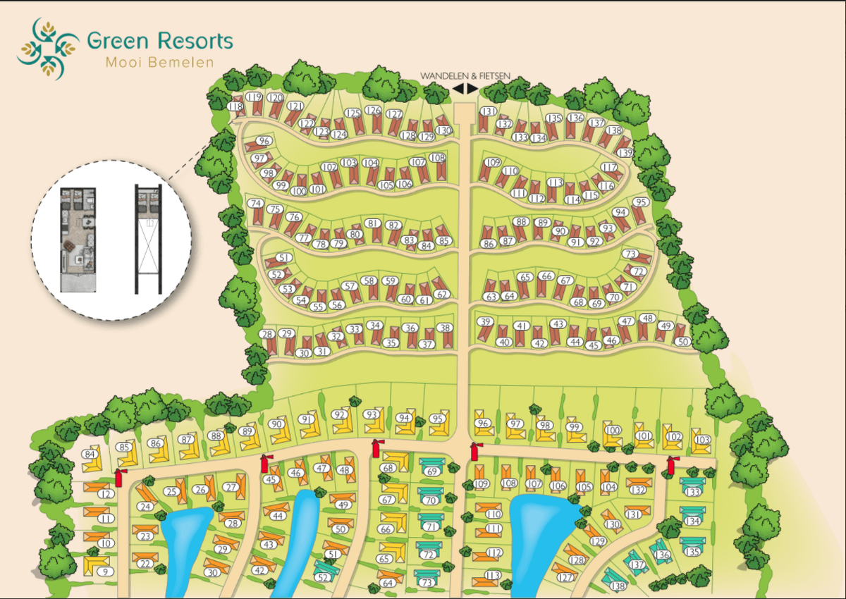 Plattegrond van Green Resort Mooi Bemelen met woningen, wegen en waterpartijen weergegeven.