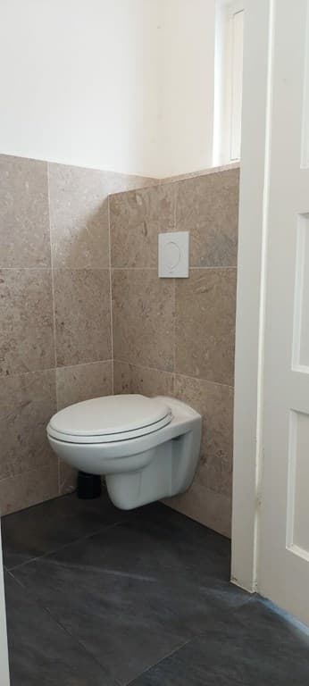 Wit toilet in een ruimte met marmeren wandtegels en donkere vloerbedekking