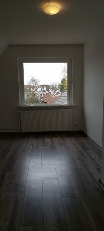 Lichte kamer met een groot raam, uitzicht op de omgeving en een verwarming onder het raam, laminaatvloer zichtbaar.