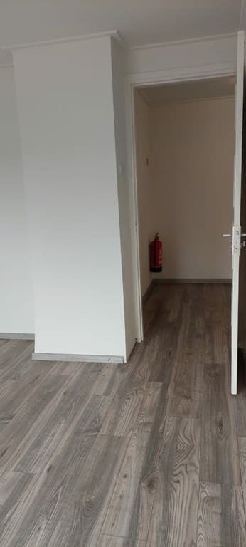 Ruime interieur van een woning met een laminaatvloer en een open deur naar een andere ruimte.