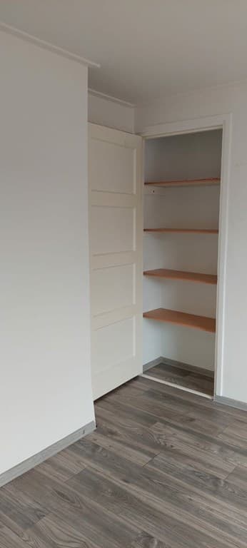 In een lichte ruimte met een deur naar een kast met planken en een houten vloer.