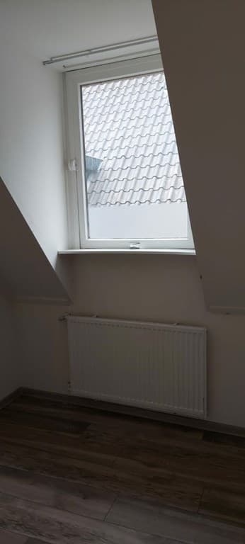 Raam met uitzicht op een rood pannendak, verwarmingselement aan de muur en houten vloer in een schuin dakruimte.