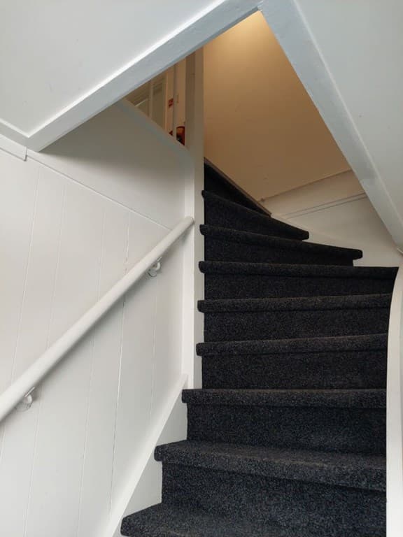 Trap met een donkere vloerbedekking en een witte leuning, leidend naar een lichte bovenverdieping.
