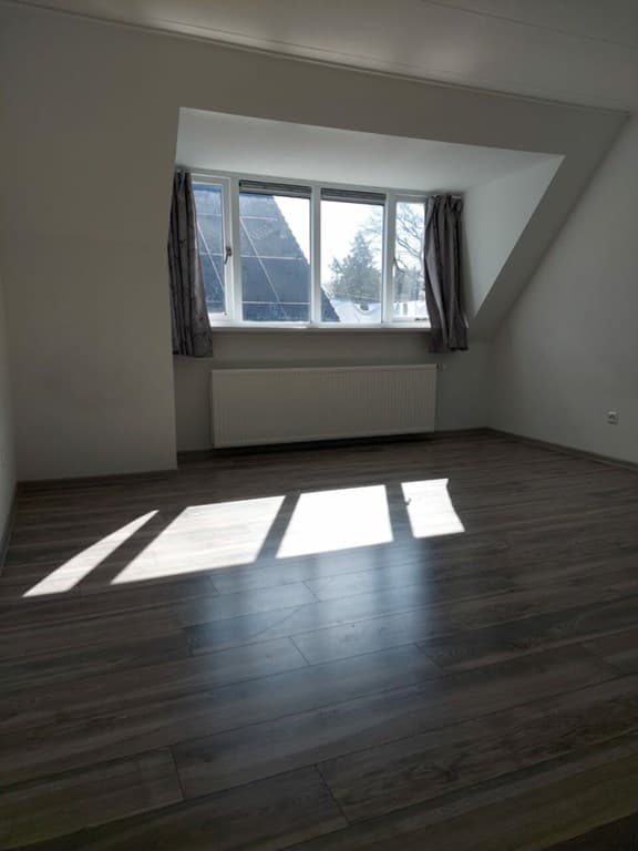 Ruime kamer met grote ramen, laminaatvloer en verwarming onder een schuin plafond