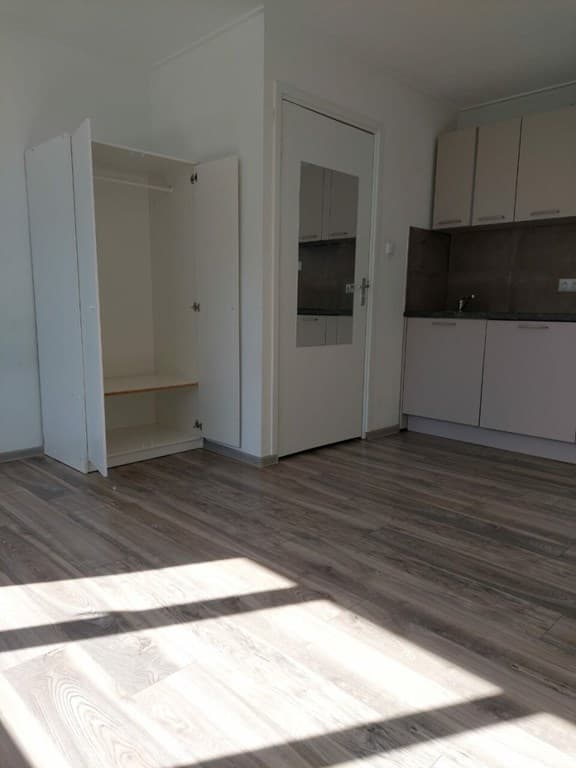 Woonruimte met een houten vloer, een open kast en een kitchenette aan de muur