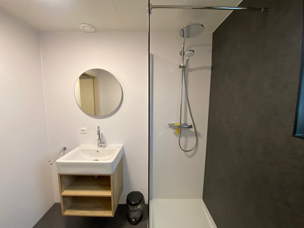 Badkamer met inloopdouche, wastafel met houten onderstel en ronde spiegel, moderne afwerking en neutrale kleuren