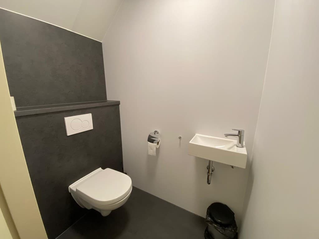 Toilet met wandcloset, fonteintje en toiletpapierhouder in een moderne ruimte met donkere en lichte muren