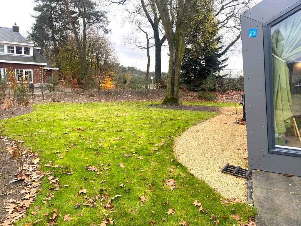 Groene tuin met een gazon, grindpad en bomen, met zicht op een woning in de achtergrond en herfstbladeren op de grond