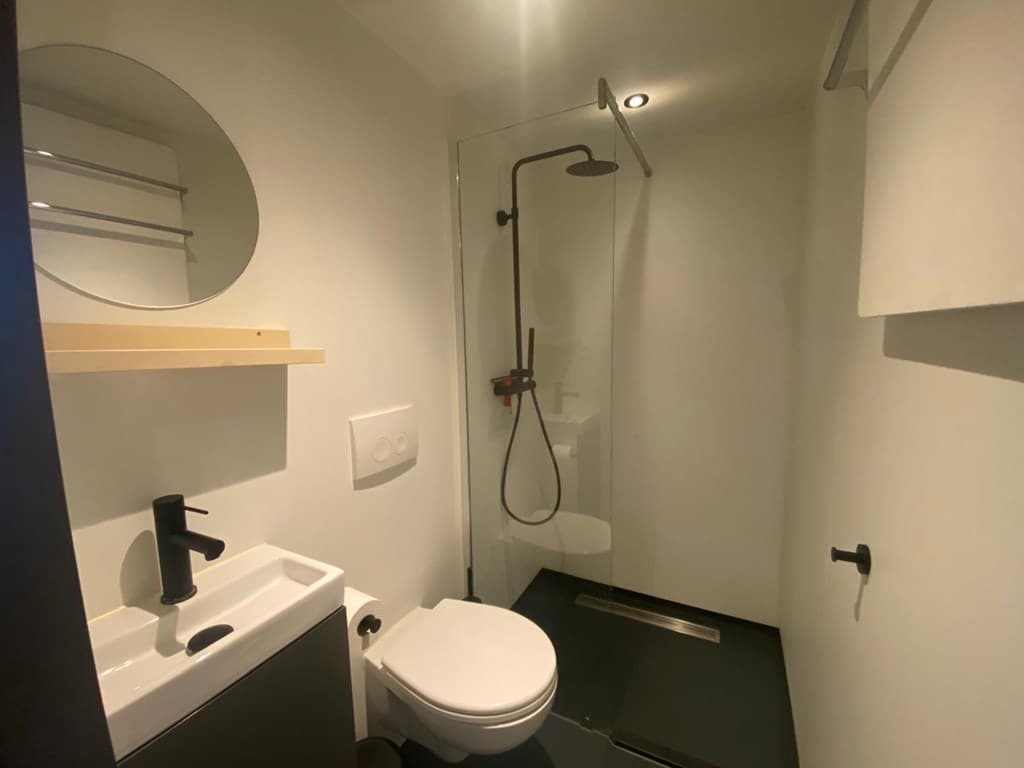 Moderne badkamer met inloopdouche, wastafel met kraan en toilet, lichte kleuren en minimalistische afwerking