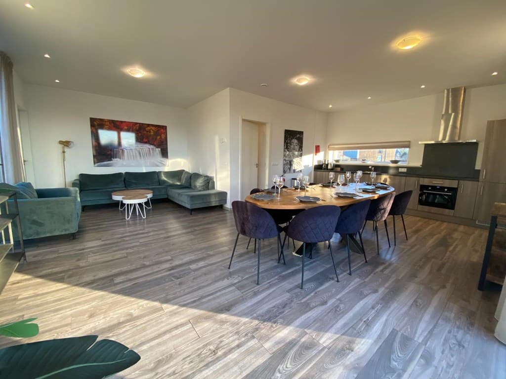 Ruimtelijke woonkamer met moderne inrichting, eetruimte met grote tafel en luxe keuken met apparaten