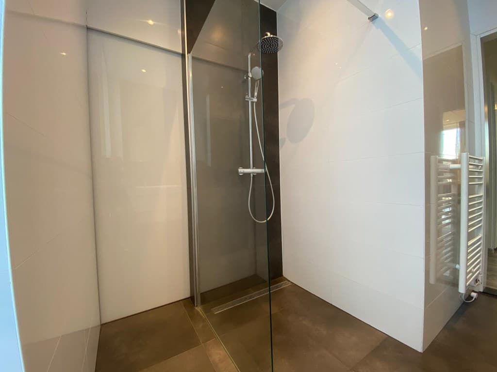Moderne inloopdouche met glazen scherm, regendouchekop en handdouche in lichte badkamer.