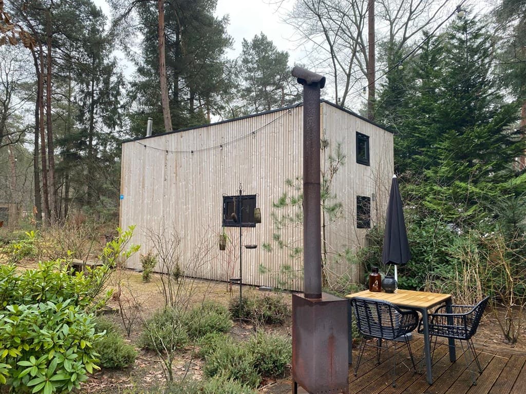 Houten vakantiehuisje omgeven door bomen, met een zithoek en een verzamelplaats voor een vuurkorf.