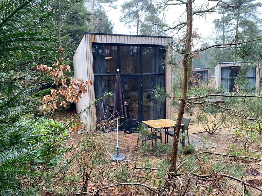 Moderne vakantiewoning omringd door bomen, met een terras en uitzicht op een houten façade en grote ramen.