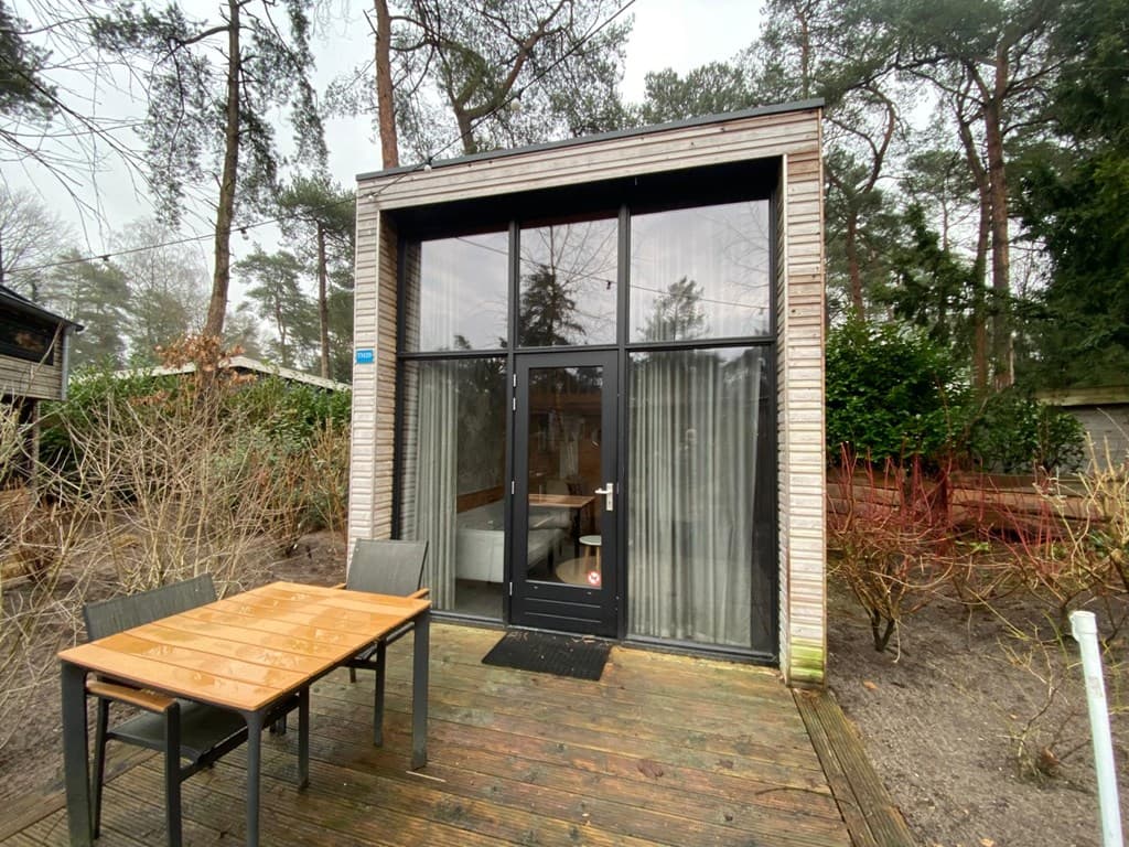 Moderne vakantiewoning met grote ramen, houten terras en tuinset in EuroParcs Beekbergen, omringd door bomen.