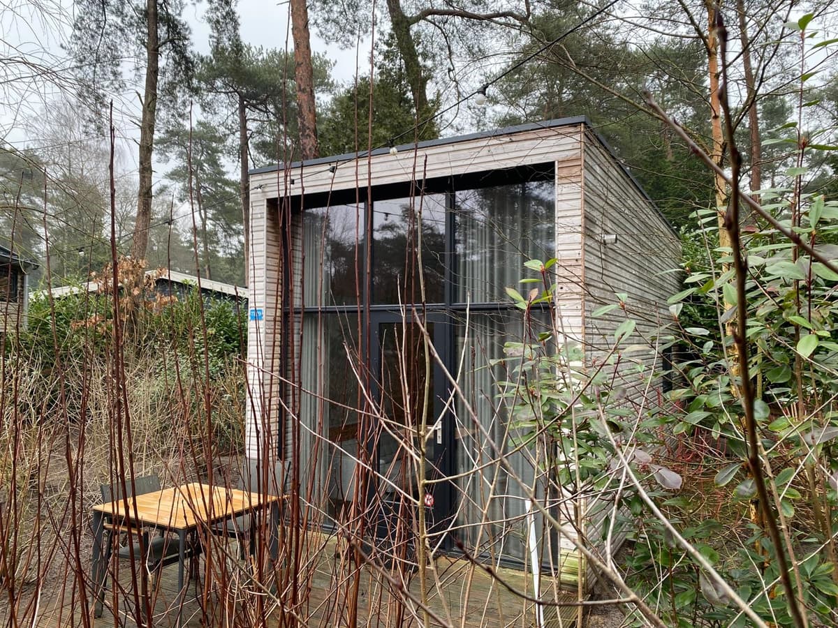 Moderne vakantiewoning met grote ramen, omringd door bomen en struiken, en een houten tafel voor de deur.