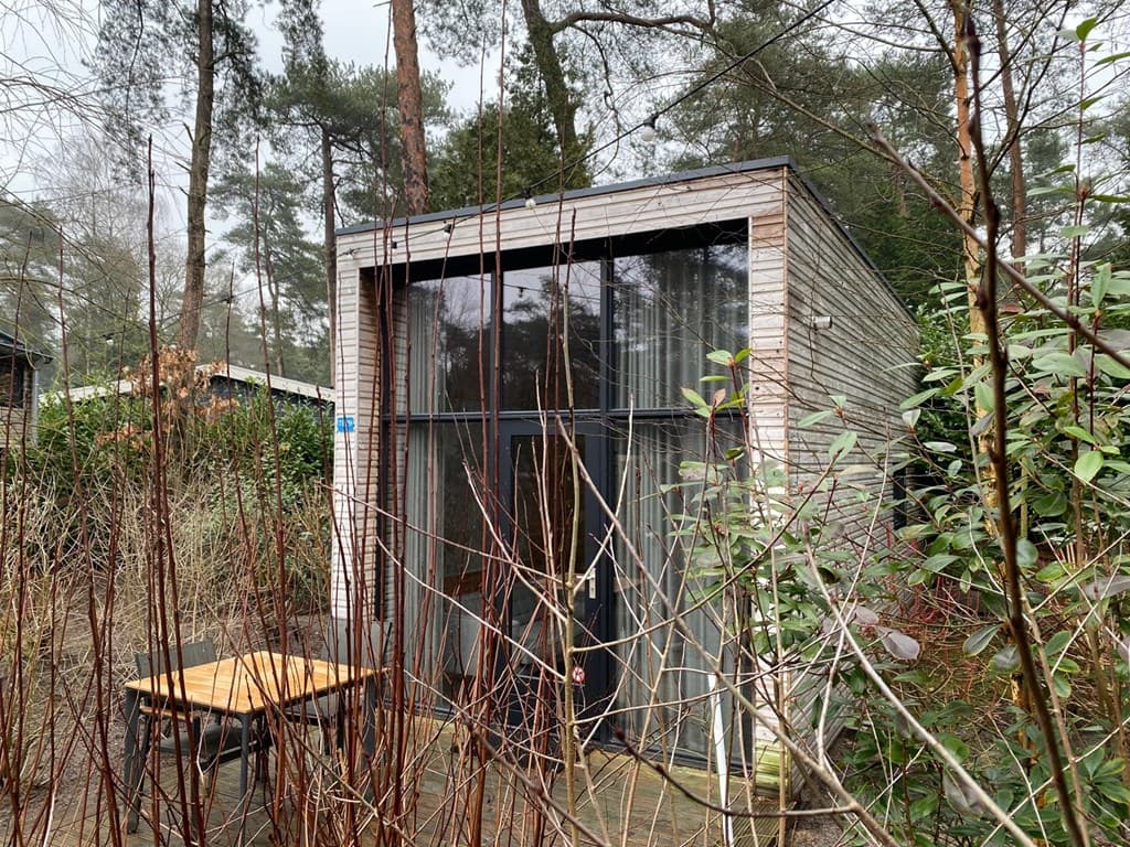 Moderne vakantiewoning met grote ramen, omringd door bomen en struiken, en een houten tafel voor de deur.