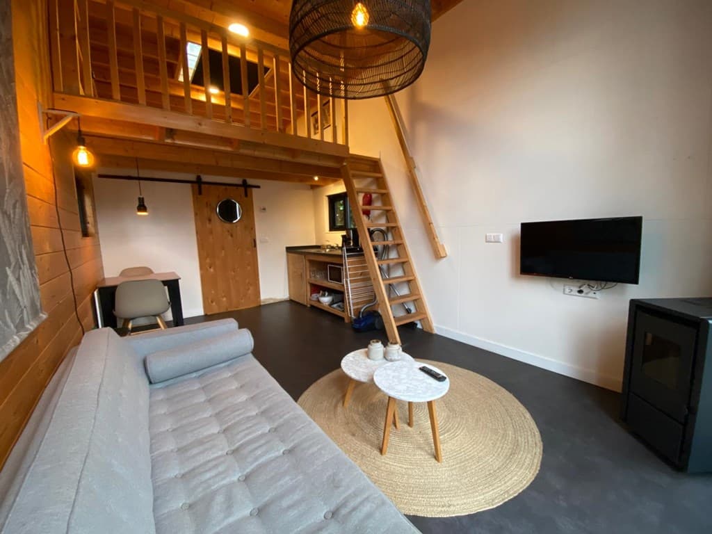 Ruime woonkamer met moderne inrichting, open trap naar vide, kitchenette en tv aan de muur.