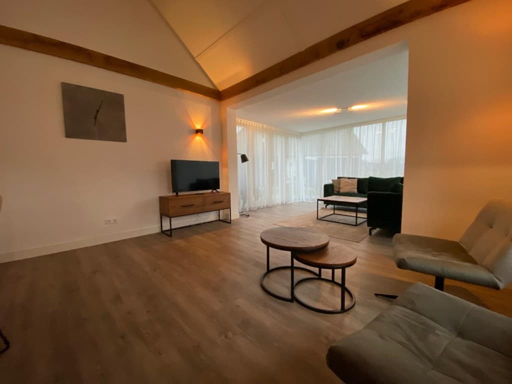 Ruime woonkamer met houten balken, tv-meubel, zithoek en veel natuurlijk licht door de grote ramen