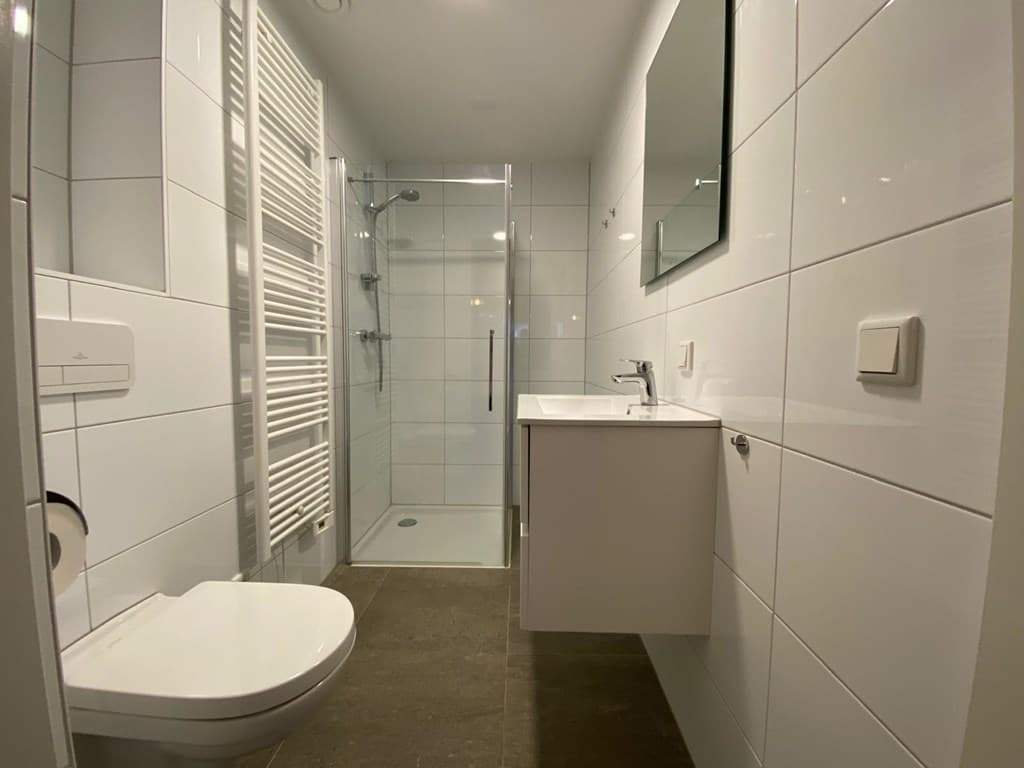 Moderne badkamer met witte tegels, douche, wastafel met spiegel en toilet.