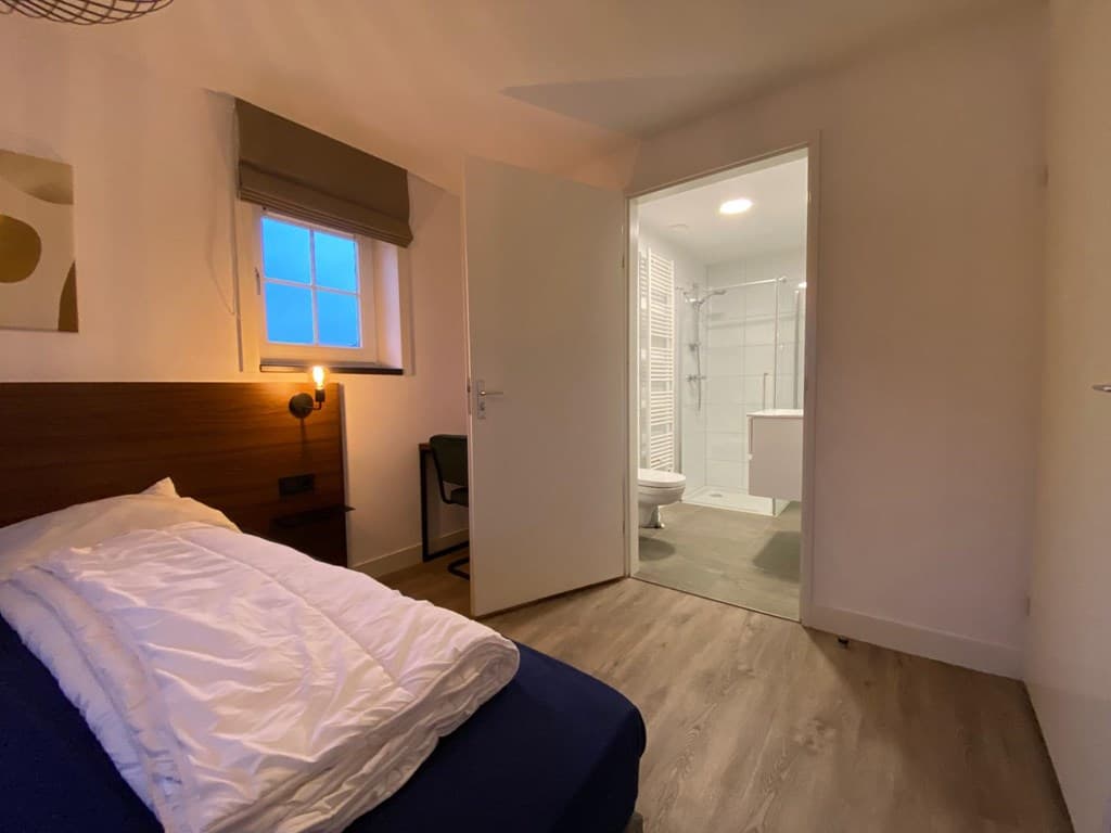 Slaapkamer met een bed, nachtkastje en toegang tot een badkamer met toilet en douche.