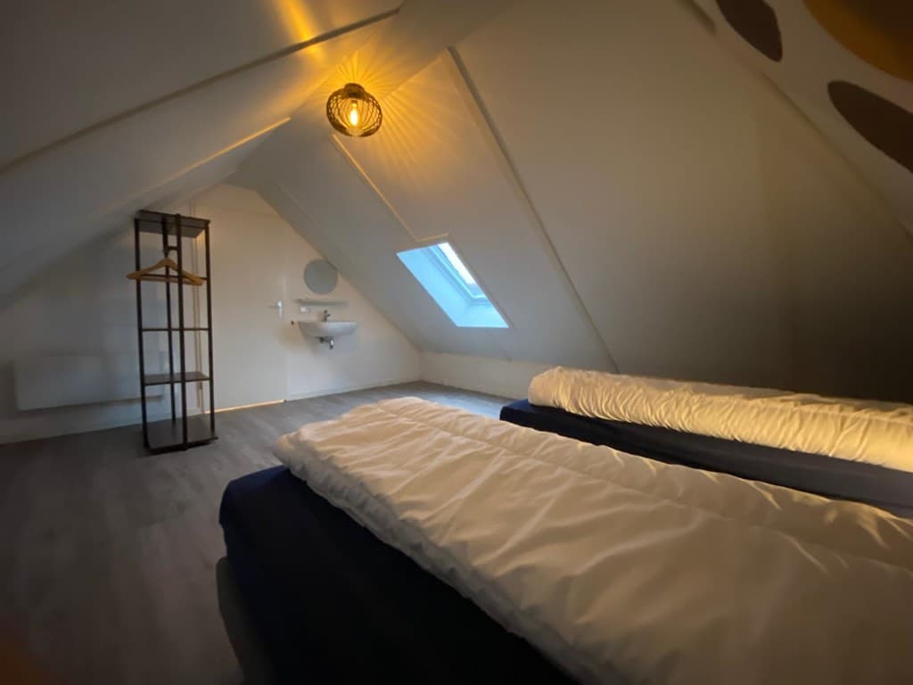 Slaapkamer met twee losse bedden, een open kast en een wastafel onder een schuin dakraam