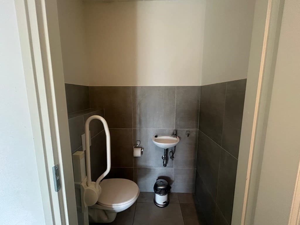 Hygiëne ruimte met toilet, wasbak en wandbeugel, betegelde vloer en wanden in neutrale kleuren.
