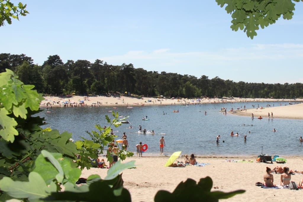 Zandstrand met mensen die zwemmen en zonnen bij een meer omringd door bomen en grasvelden