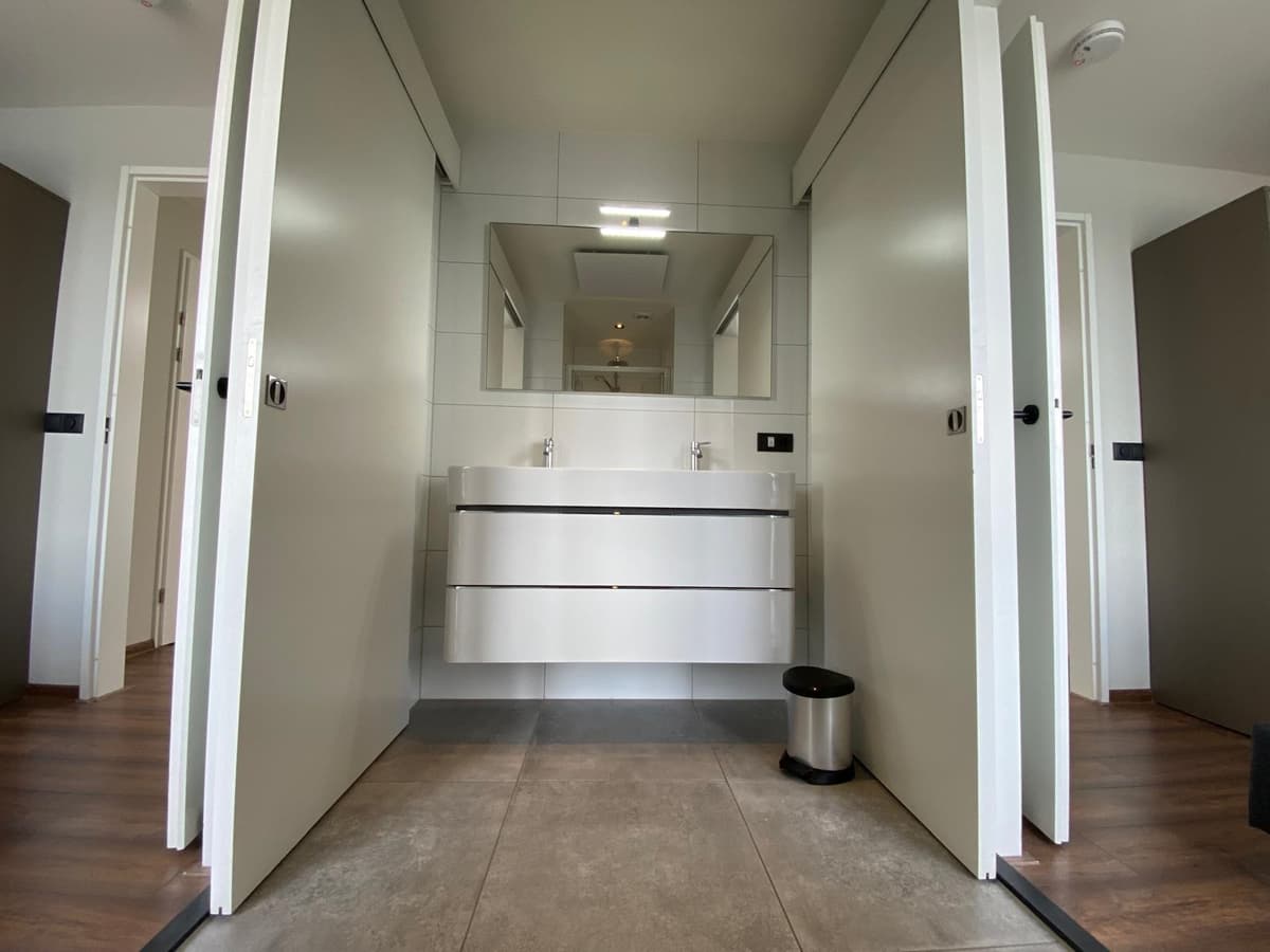 Moderne badkamer met wastafel en spiegel, toegang via dubbele deuren en grijze wandkasten aan de zijkanten