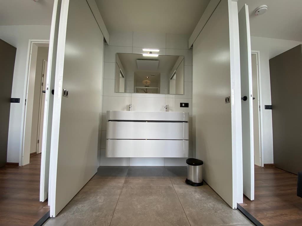 Moderne badkamer met wastafel en spiegel, toegang via dubbele deuren en grijze wandkasten aan de zijkanten