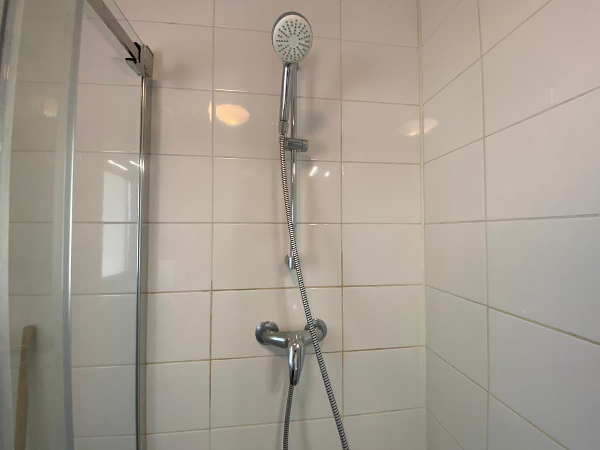 Douche met een handdouche en glanzende kranen, wit betegelde wanden en een glazen doucheruimte