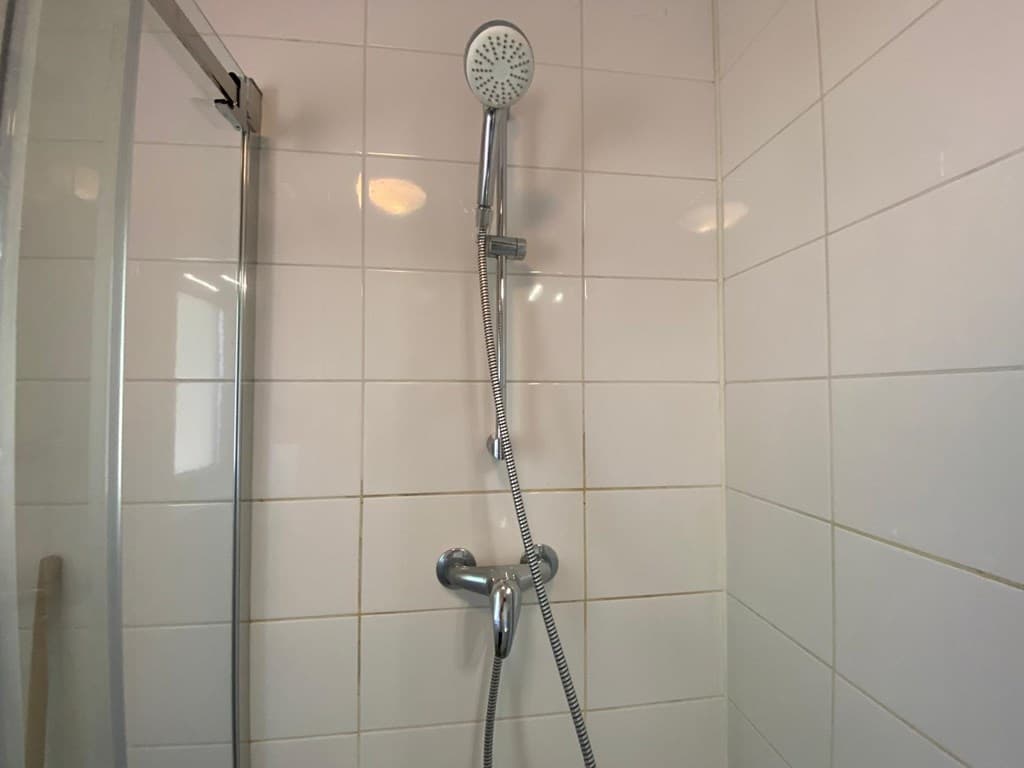 Douche met een handdouche en glanzende kranen, wit betegelde wanden en een glazen doucheruimte
