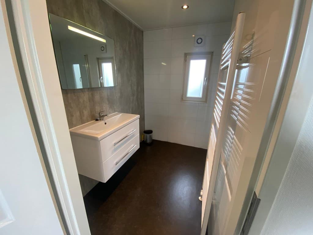 Strakke badkamer met wastafel, spiegel, raam en handdoekradiator op een donkere vloer.