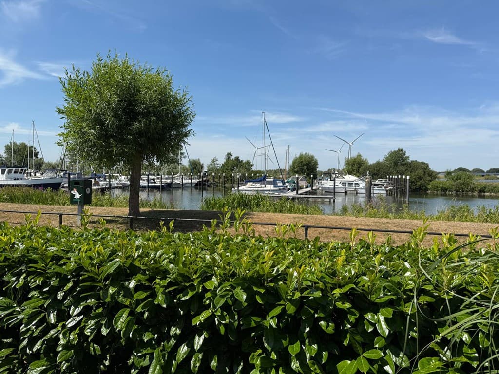 Uitzicht op een haven met boten, omringd door groen en bomen onder een blauwe lucht met wolken.