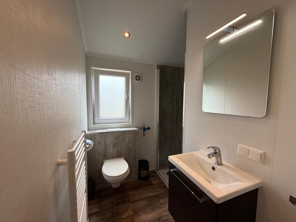 Badkamer met wastafel, spiegel, douche en toilet, voorzien van natuurlijk licht vanuit het raam