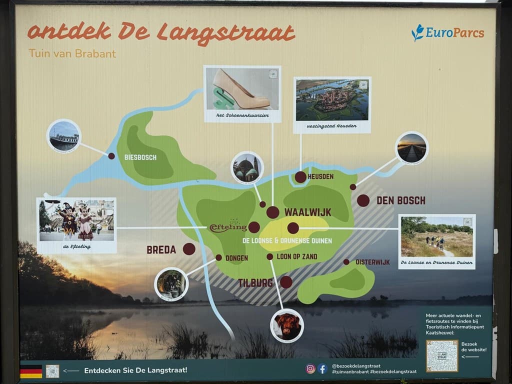 Kaart van De Langstraat met omliggende plaatsen en natuurgebieden in Brabant bij EuroParcs Kaatsheuvel