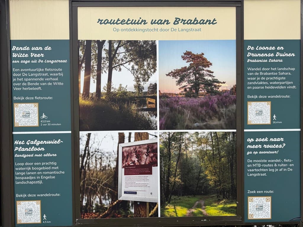 Informatiebord over wandelroutes in de natuur met foto's van Brabantse landschappen en tekstpanelen aan de zijkanten