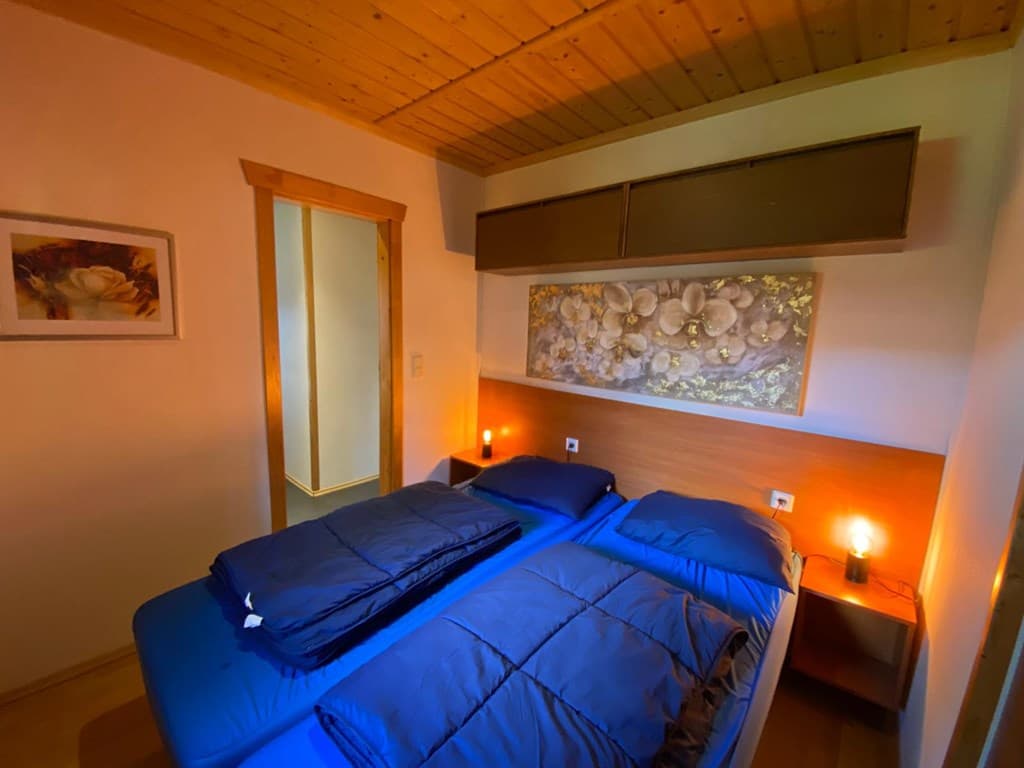 Slaapkamer met twee aparte bedden, houten plafond en muurdecoratie, verlichting en een deur naar een andere ruimte.