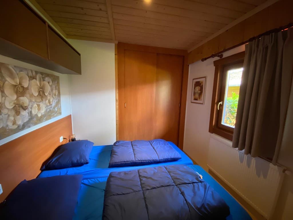 Slaapkamer met twee éénpersoonsbedden en houten wand en plafond, raam met gordijnen en kunst aan de muur