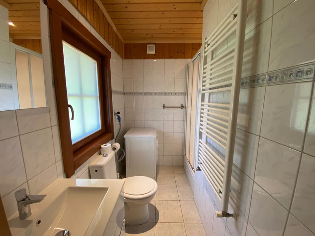 Klein, functioneel badkamerinterieur met douche, toilet, wastafel en wasmachine. Houten vloer en witte betegeling.