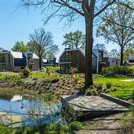 Twee moderne vakantiewoningen aan een waterpartij met groen gras en bomen in EuroParcs Zuiderzee, Biddinghuizen