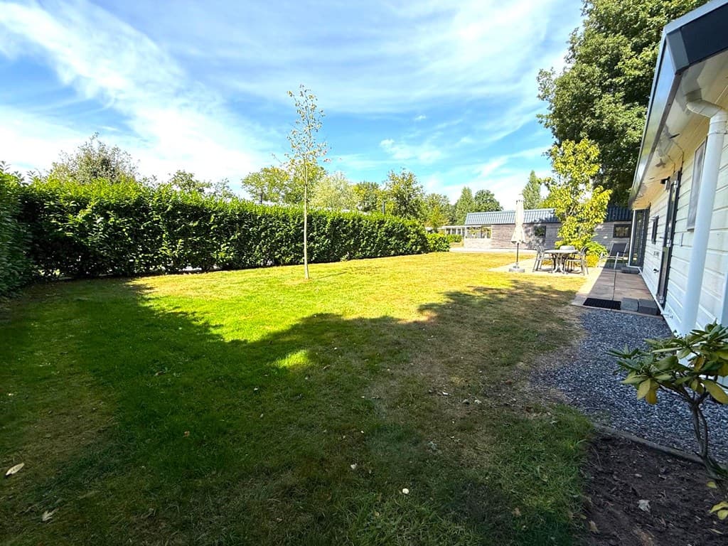 Ruime tuin met gras en een jonge boom, omringd door hagen, bij een vakantiewoning in EuroParcs Reestervallei.