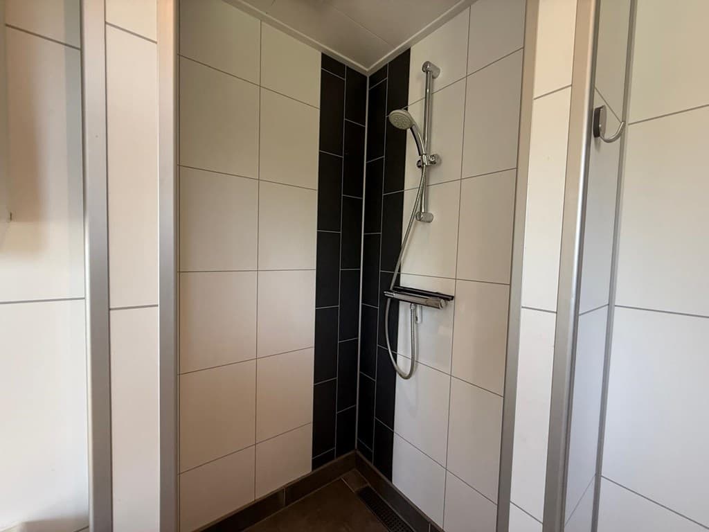Douche met witte en zwarte tegels, voorzien van een handdouche en glazen wand.