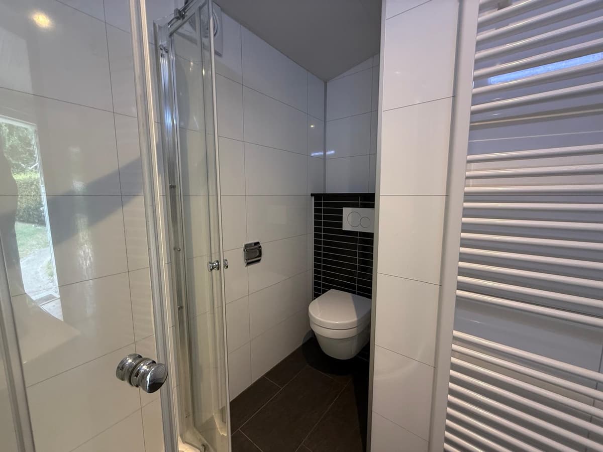 Moderne badkamer met inloopdouche, toilet en witte wandtegels. Daarnaast een radiator en natuurlijk licht.