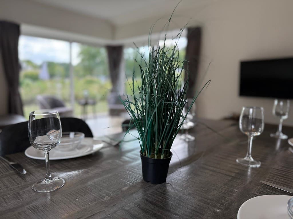 Eettafel met glazen en borden, een kunstplant in het midden en grote ramen met uitzicht op de tuin.
