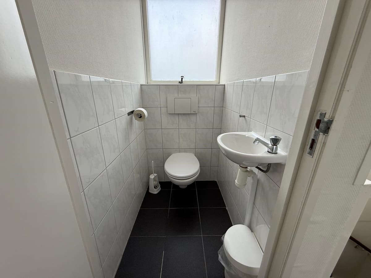 Verlichting toiletruimte met witte tegels, toilet en wastafel bij een raam met natuurlijke lichtinval