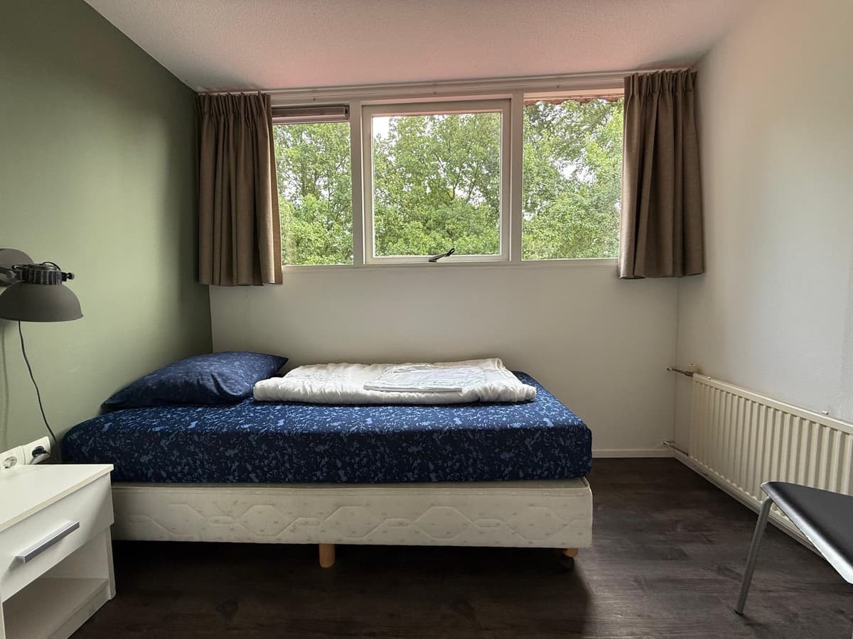 Slaapkamer met een éénpersoonsbed, bureau, lamp en uitzicht op bomen door het raam.